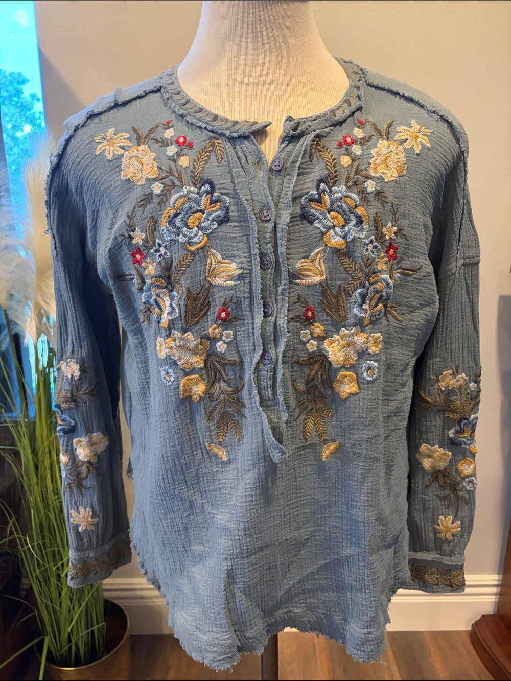 Kyla Seo Embroidered Blue Floral Peasant Blouse
